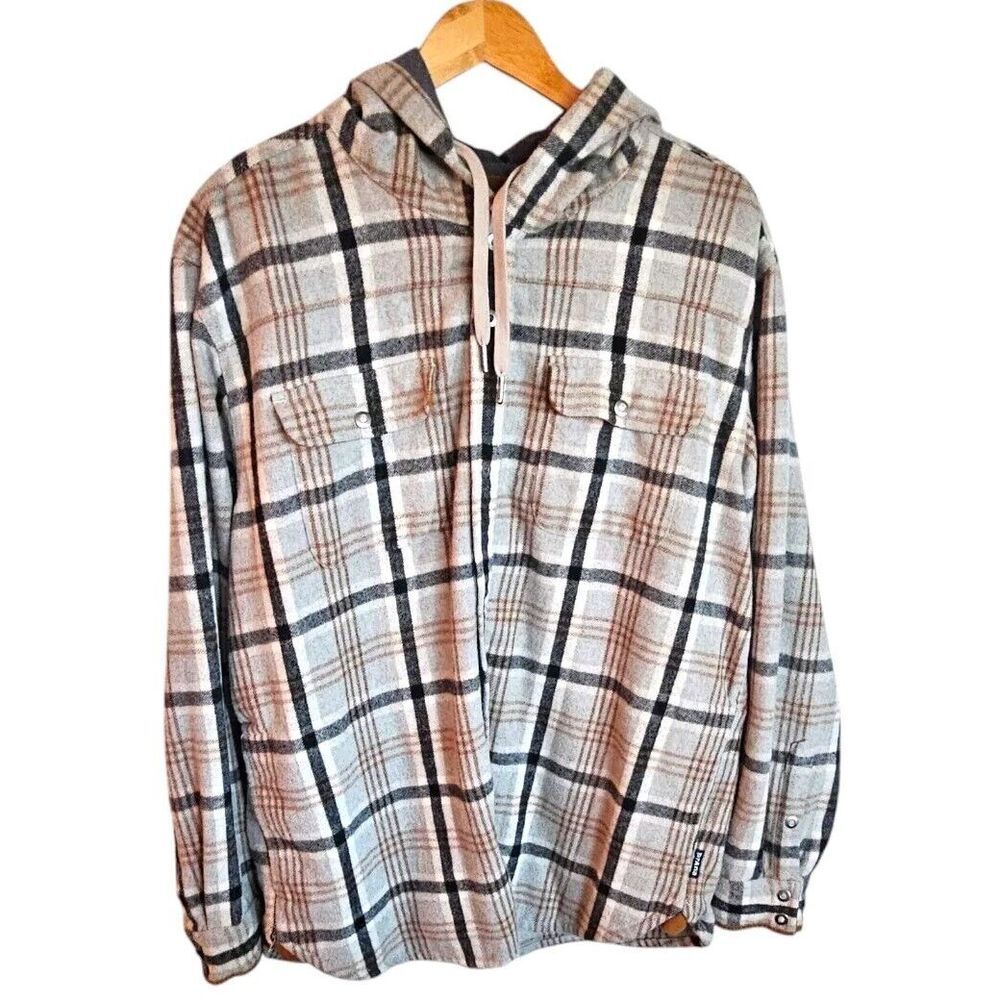 Prana Shirt Jacket Mens XXL Gray Black Plaid‎ Wool Blend Hooded Flannel Shacket
